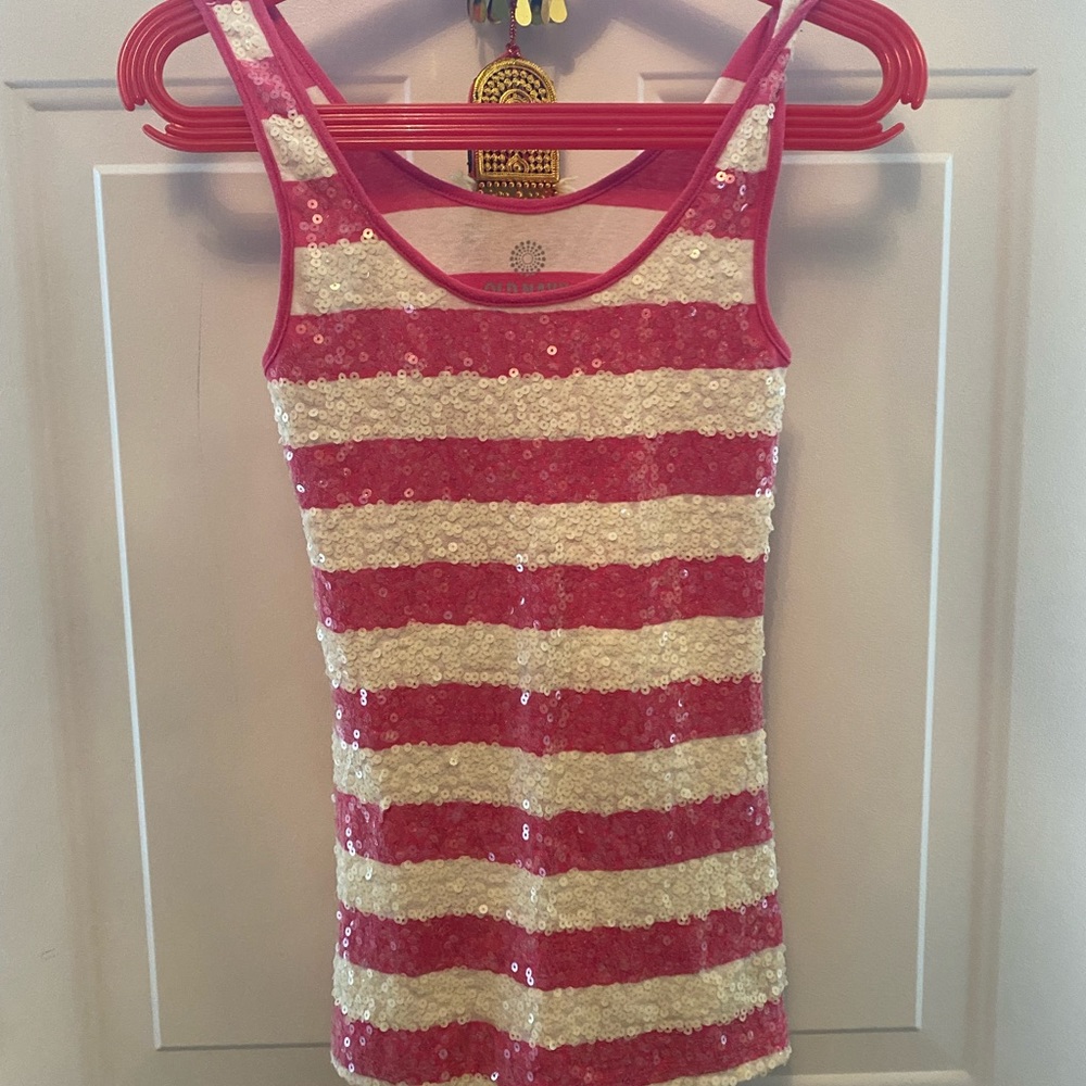 Tanktop Sequin pink and white striped old navy tanktop